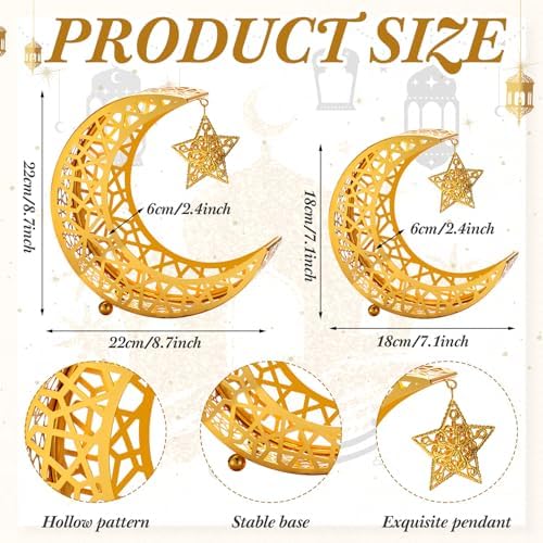 Qinyoung Ramadan Moon Star Tray, 2 Pcs Gold Metal Serving Tray, Eid Mubarak Dessert Trays, Islamic Themed Home Decoration, 2 Sizes, Sturdy, Suitable for Special Occasions - Image 2