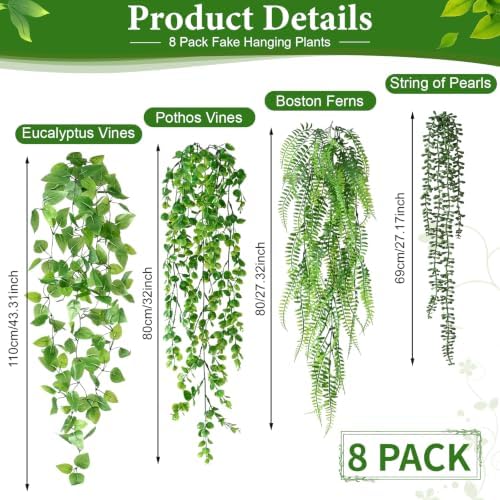 8Pcs Fake Hanging Plants, Mixed Artificial Plants Faux Greenery Ivy Vines - Image 4