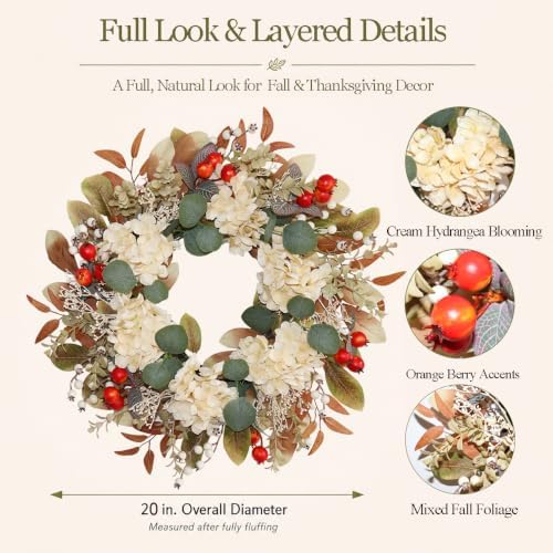 20 Inch Cream Hydrangea & Berry Fall Wreath for Front Door - Image 2