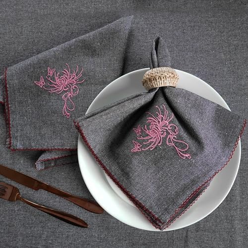 Luxury Embroidered Cloth Napkins – Coal Flame, Set of 6, 18x18 | Charcoal Dinner Napkins with Pink Floral Motif | Elegant Cotton Blend Table Napkins for Christmas, New Year & Formal Dining - Image 2