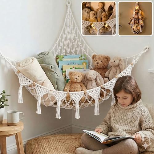 TIDYTEDS XL Stuffed Animal Hammock – Handcrafted Corner Net, 4mm Double Macrame Cord, 100% Natural Cotton Plushie Holder with LED Light (Pure White) by TIDYTEDS