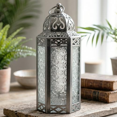 Vela Lanterns Decorative Indoor Moroccan Candle Holder, Silver, M, 2-Pack - Image 2