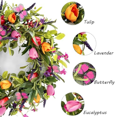 24" Wreaths for Front Door, Wreath with Tulip Wreath, Butterfly, Lavender and Eucalyptus, Vivid Artificial Floral for Wall Window Farmhouse Party Holiday Home Décor - Image 3