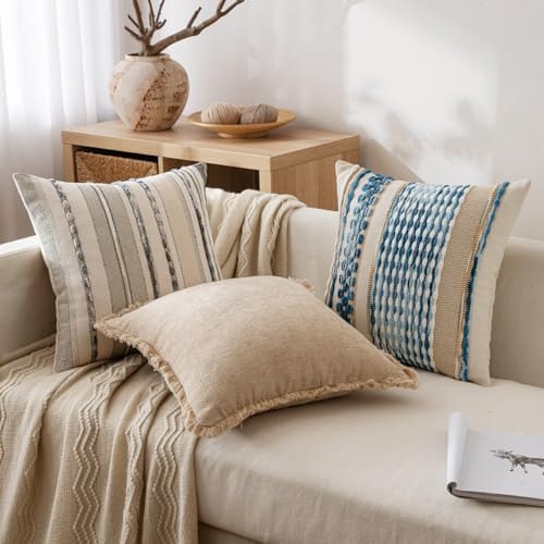 ANRODUO Boho Decorative Throw Pillow Covers Sky Blue Stripe 20x20 Pack of 2 - Image 2