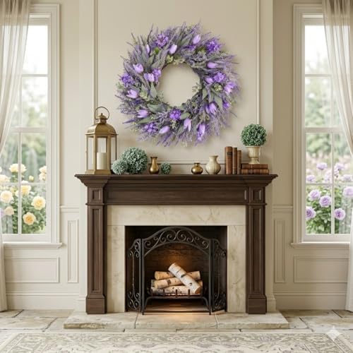 26" Large Spring Wreaths For Front Door-Large Lavender Tulip Easter Wreath Flower Wreath Summer Spring Door Wreaths Outdoor All Season Spring Decoration for Home Porch Room Window Wall Farmhouse Decor - Image 5