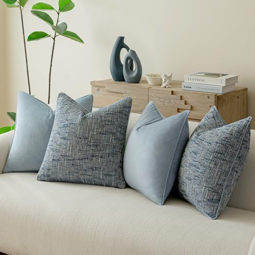a moment Light Blue 4 Pack Throw Pillow Covers - Chenille & Velvet Set with Piping, Farmhouse Textured Design Pillow Cases for Couch Sofa Bed Livingroom (18x18 Inch, No Insert) - Image 2