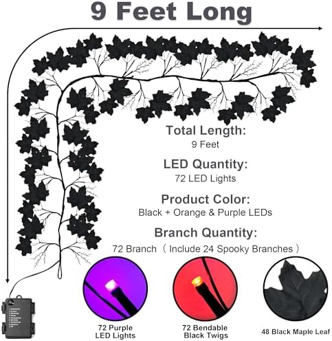 9 FT 72 LED Willow Vine Twig Decor Black Halloween Garland with Orange & Purple Lights, 8 Modes & Timer Waterproof Battery Operated for Home Fireplace Mantle Wall Office Indoor Halloween Decorations - Image 3