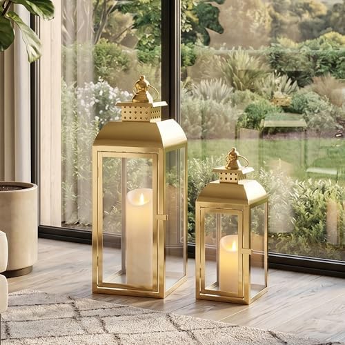 JHY DESIGN Set of 2 Gold Stainless Steel Decorative Candle Lanterns 20.5"&15" High Metal Candle Lanterns for Indoor Outdoor Events Parities Weddings Vintage Style Hanging Lantern - Image 5