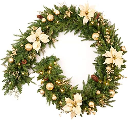 Pre-lit 9ft Christmas Garland with Gold Berries and Balls,Pine Cone,Golden Flower and 50 Battery Operated Soft White LED Lights with Timer,Artificial Holiday Decoration Door Outdoor by AmerzestXmastree