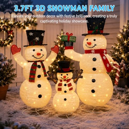 Hykolity 3.7 FT Collapsible Pop-Up 3D Lighted Snowman Family Set of 3, Outdoor Christmas Snowman Decorations with 250 Warm White LED Lights for Yard, Lawn and Porch - Image 2