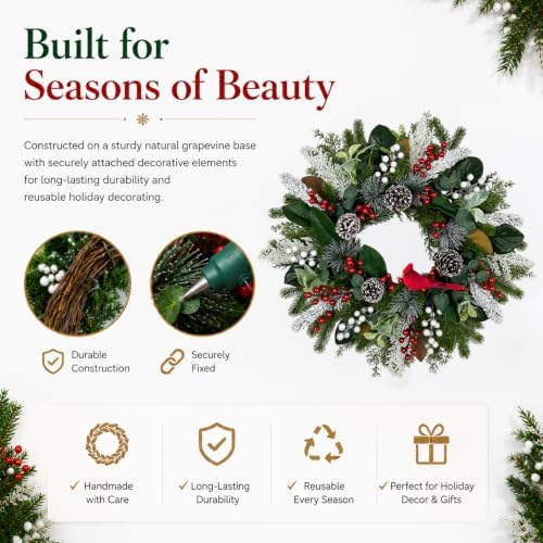 Christmas Wreath for Front Door, 28" Cardinal Winter Wreath with Berries - Image 6