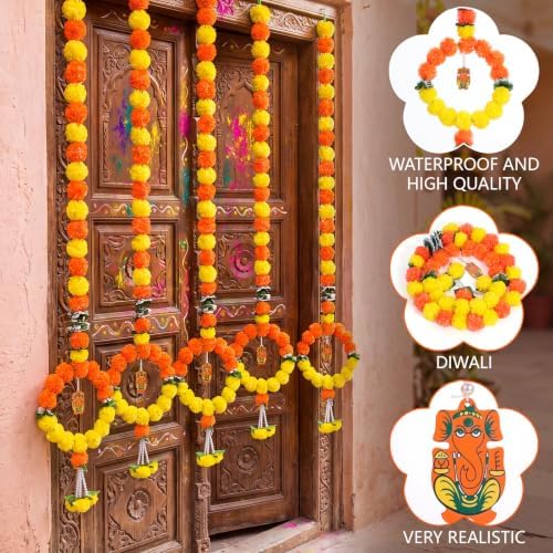 Suncalla 5 Pcs 5 ft Diwali Marigold Garland for Pooja Decor, Orange Yellow - Image 3