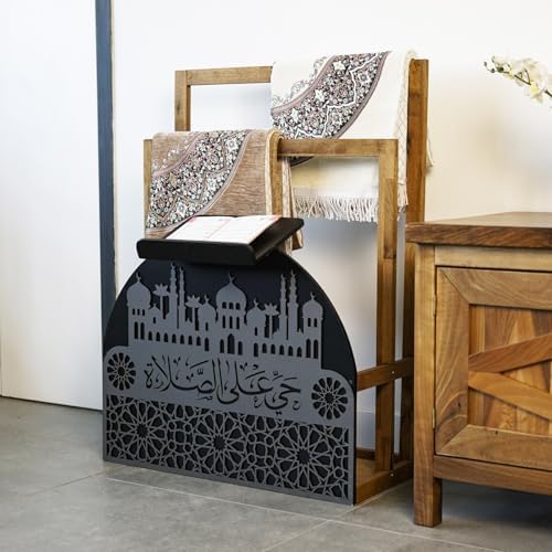 Elegant Wooden Quran Stand Prayer Mat Holder – Islamic Home Décor, Prayer Rug Organizer, Ramadan & Eid Gift, Decorative Wooden Islamic Accessories, Quran Display Holder for Mosque & Home Black-Silver - Image 4