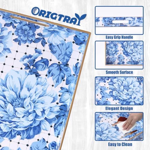 Serving Tray with Handles, Rectangular Plastic Tray 15.75x11.81 Inch, Decorative Tray for Kitchen, Dining Table, Vanity, Office & Home (Blue Peony, 15.8" x 11.8" x 1.6") - Image 4
