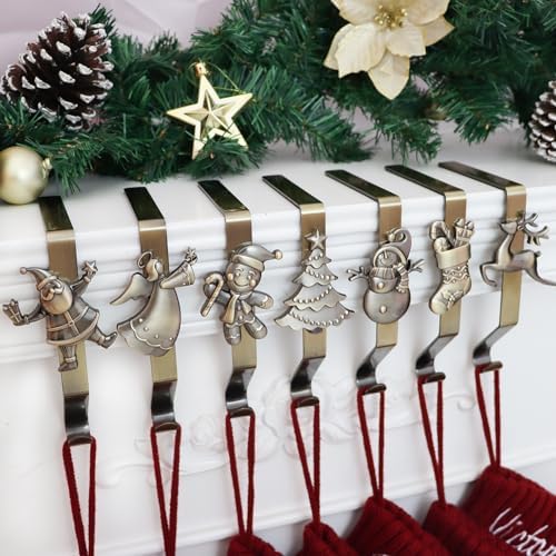 Christmas Stocking Holder for Mantle Set of 7, Reusable Christmas Stocking Hooks, No-Damage Xmas Hanger for Fireplace mantle Grip Stand Christmas Decoration Ornaments Hanging Bronze Shelf Floor by XENTUMI