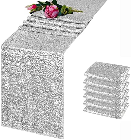 6 Pack Silver Sequin Table Runner 12x108 Inch, High Density Sparkly Glitter Table Runners for Wedding Reception, Birthday Party, Banquet, Baby Shower, Silver Metallic Shimmering Decor by TCBESTO