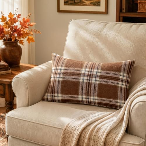 MIULEE Fall Plaid Decorative Lumbar Pillow Covers Set of 2 12x20 Brown - Image 3