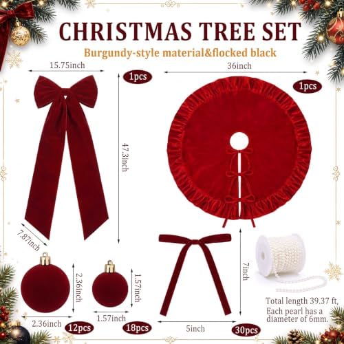 Riceshoot 63 Pcs Burgundy Velvet Christmas Tree Decorations Set - Image 2