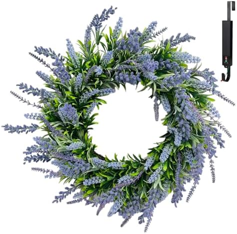 Solar Spring Wreath for Front Door 24inch 50LED Pre-lit Wreaths Spring Summer Decorations Artificial Wreath Purple Lavender Flower for Outside Home Festival Farmhouse Decor(2401) by GlowingPetals