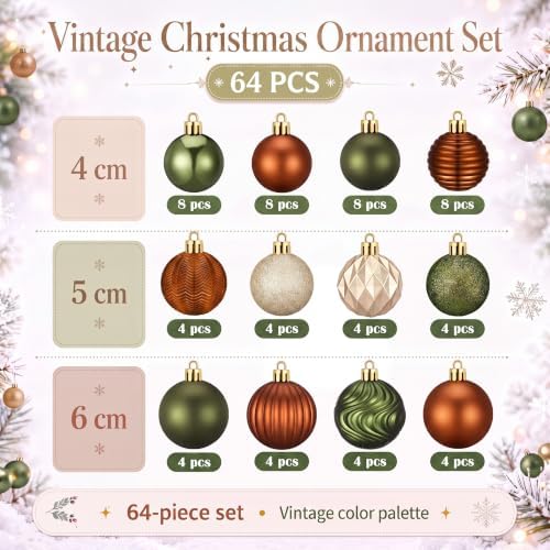 Lunmon 64 Pcs Earthy Christmas Ornaments Olive Green Copper Champagne Gold - Image 3