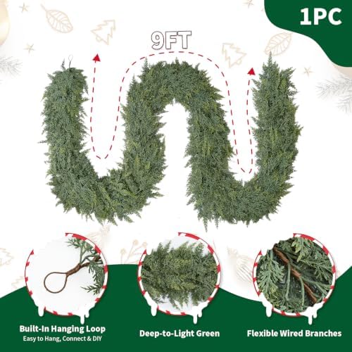 9FT Christmas Cedar Garland, Extra Full Greenery Garland with1200 Cedar Cypress Pine, Real Touch Two-Tone Evergreen Garland for Mantle Fireplace Table Stairs Door Porch, Indoor Outdoor Decorations - Image 2