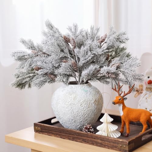 Wavwavw 6 Pcs Flocked Christmas Artificial Cedar Pine Branches, 25.5 Inch - Image 4