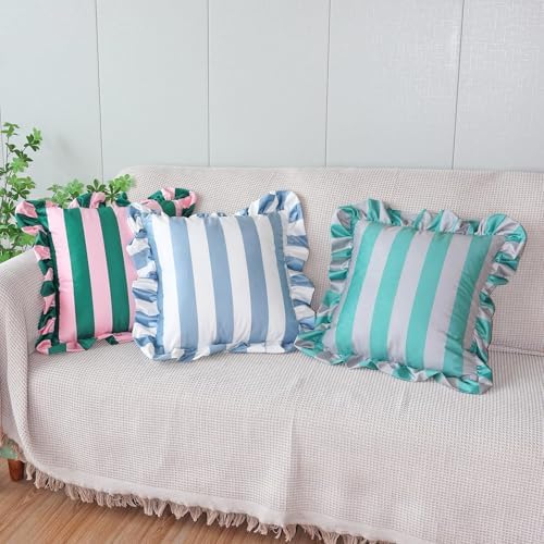 vctops Ruffle Square Throw Pillow Covers Boho Pink and Red Striped Decorative Pillowcases Set of 2, Soft Velvet Accent Cushion Cover Cases for Sofa Bed Living Room Decor (Green Grey,18"x18") - Image 5