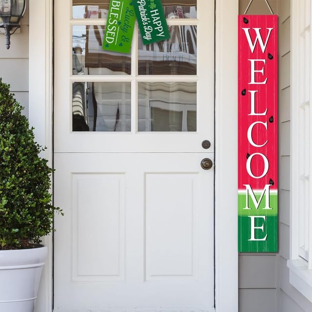 Welcome Watermelon Porch Board 8”x48” Welcome Solid Wood Sign and Porch Leaner for Front Door Porch Deck Wall - Indoor Outdoor Summer Farmhouse Rustic Vertical Porch Decor - Image 5