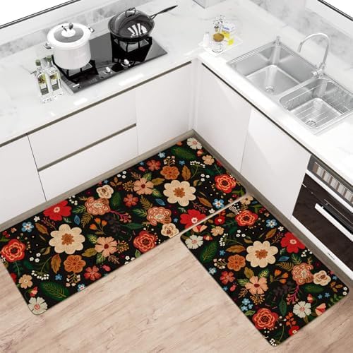 Boho Floral Kitchen Mat Set of 2,Modern Farmhouse Flowers Kitchen Rugs and Mats Non Skid Washable,Spring Summer Bohemian Kitchen Runner Rugs with Rubber Backing (Black 17"x47"+17"x30") - Image 2