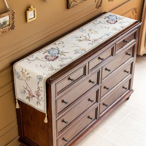 Floral Embroidered Table Runner 72" Non-Slip with Tassels, Ivory - Image 7
