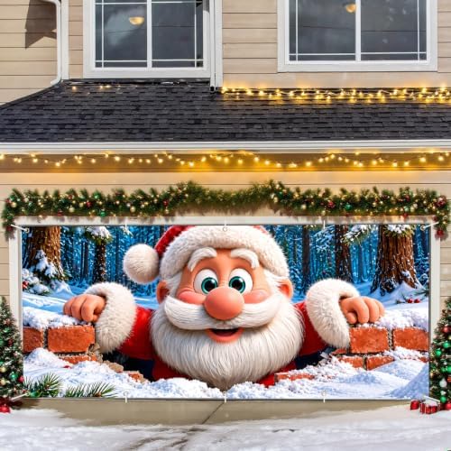Christmas Garage Door Cover Santa Claus Winter Snow Scene Garage Door Banner 7x16 Ft, Funny Santa Peeking Over Brick Wall Holiday Garage Mural, Outdoor Christmas Dec for Home Garage Party Backdrop - Image 5