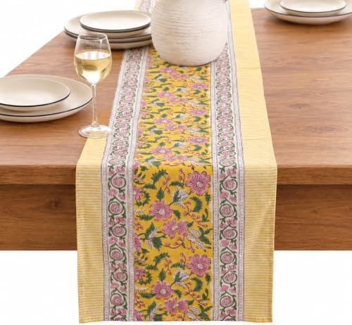 Hand Block Printed Cotton Table Runner, Machine Washable Cotton Runner, Boho Floral Centerpiece Accent for Dining Tables and Buffet Cabinets, 16x70 Inches - Yellow & Pink by THEARTBOX