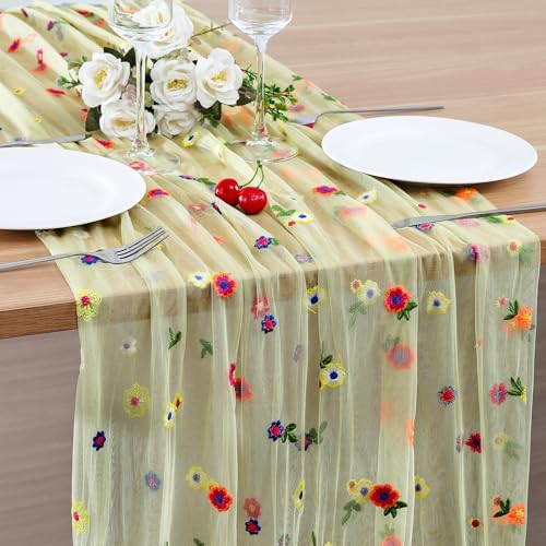 6PCS Green Floral Table Runner 10 FT, Embroidery Daisy Table Runners Seasonal Spring Summer Sheer Tulle Dining Table Decor for Home Party Birthday Decor 29x120 Inch by Hugestar