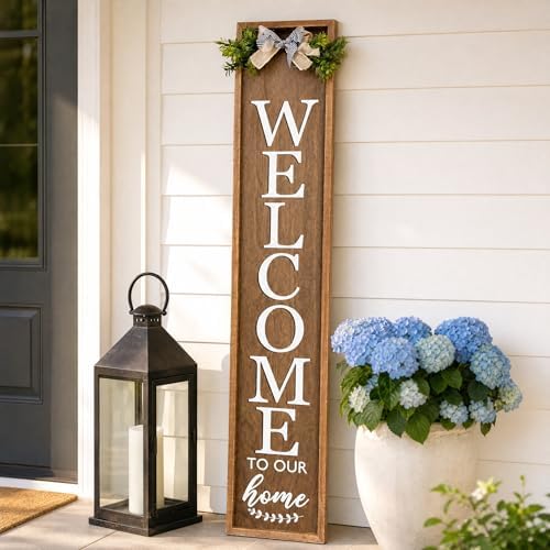 Vertical Wooden Welcome Sign for Front Porch Standing 45x9 Inch Large Wood Frame Outdoor Welcome Sign for Farmhouse Rustic Home Modern Outside Front Door Vertical Decorations(Brown) - Image 2