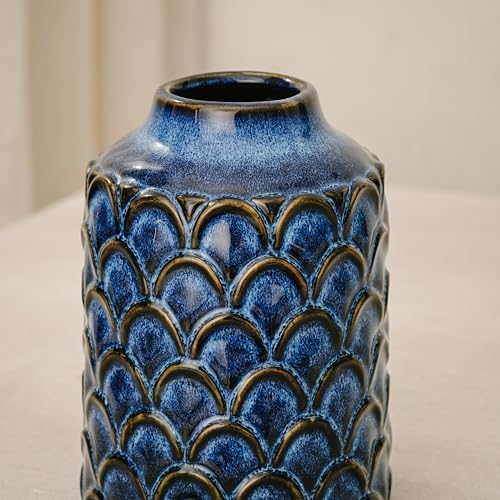 Ceramic Flower Vase, 7.28” Vintage Blue Pottery Vase for Home Decor, Rustic Textured Vase for Pampas Grass, Living Room, Entryway, Mantel, Kitchen Table, Centerpiece - Image 5