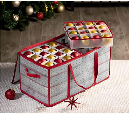 ZOBER Christmas Ornament Storage Box - Stores 128 Ornaments W/ 2 Sided Zipper - Flexible Plastic Christmas Ornament Storage Containers - 3 Inch Cube Compartments - Red - Image 2