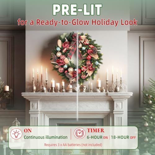 24 Inch Lighted Magnolia Christmas Wreath with 30 Warm White LEDs and Timer, Battery Operated Pre-Lit Artificial Wreath with Magnolia Flowers, Pinecones, Bow and Ornaments for Front Door - Image 5