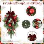 24" Christmas Wreaths for Front Door 2 PCS Christmas Teardrop Swag Winter Wreath with Red Ball Red Berry Pine Needles for Indoor Outdoor Farmhouse Home Wall Window Festival Wedding Decor - Image 3