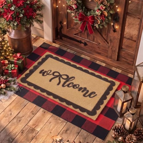 2pcs Christmas Welcome Mat for Front Door Layered Buffalo Plaid Outdoor Rug by Unknown