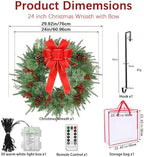 26 Inch Christmas Wreath Decorations,Artificial Wreaths with 50 LED Lights 8 Modes & Timer & Remote Control,144 PVC Tips,Large Red Bow,Pine Cones,Berries for Front Door,Indoor/Outdoor Holiday Decor - Image 2