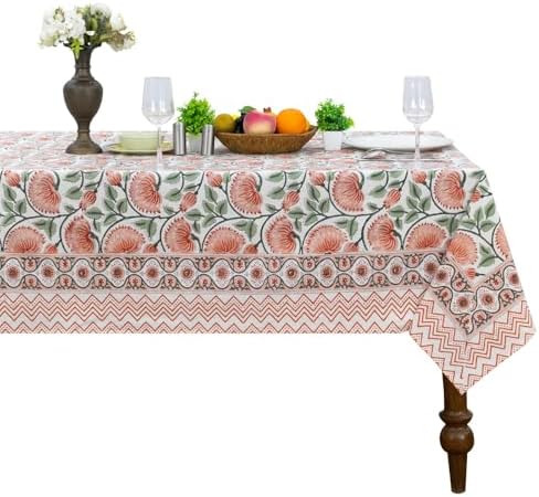 Home Spun & Crafts 72x108 Inches Rectangle Hand Block Print Tablecloth, 100% Cotton, Red Green Floral Table Cloths Washable, Traditional Indian for Dining Outdoor Thanksgiving Halloween Christmas by HomeSpunCrafts