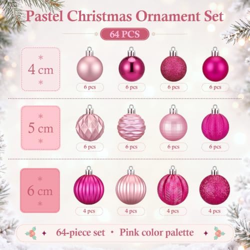 Lunmon 64 Pcs Pink Christmas Ball Ornaments Hot Pink Rose Red Xmas Bulbs Ornament 1.6/1.97/2.4 Inch Plastic Hanging Decoration Assorted Size Christmas Decorations for Tree Home Wreath Party Supplies - Image 3