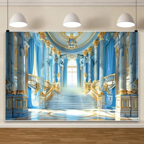 Leowefowa Luxurious Golden Hall Backdrop 15x8ft Glod Handrail Interior Stairway Chandeliers Photography Background for Wedding Blue Gold Palace Banner Masquerade Party Theme Decor Vinyl - Image 2