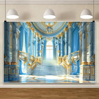 Leowefowa Luxurious Golden Hall Backdrop 9x6ft Glod Handrail Interior Stairway Chandeliers Photography Background for Wedding Blue Gold Palace Banner Masquerade Party Theme Decor Vinyl - Image 2
