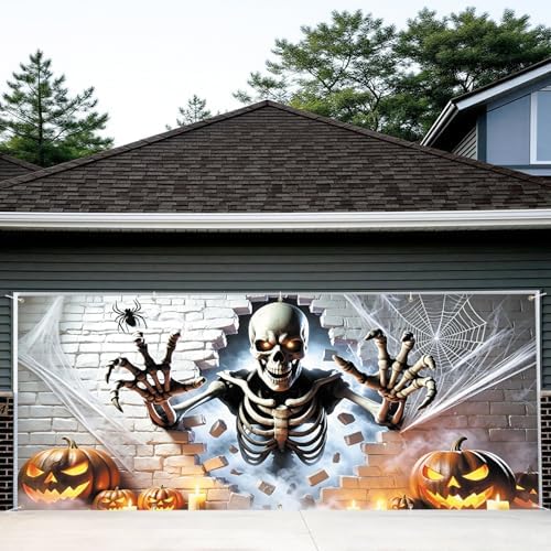 7x16FT Skeleton Break Wall Halloween Garage Door Banner Skeleton Pumpkin Spider Happy Hallowen Garage Door Cover Decoration for Hallowen Decoration by FOREVERQUEEN