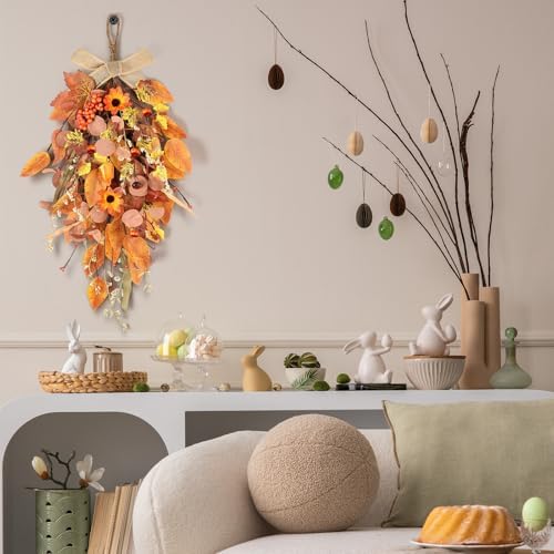 2 Pcs 24" Artificia Fall Swag for Front Door Autumn Teardrop Swag Harvest Sunflowers Pumpkins Leaves Berries Door Swag Hanging Flower Wreath for Window Wall Decor - Image 5