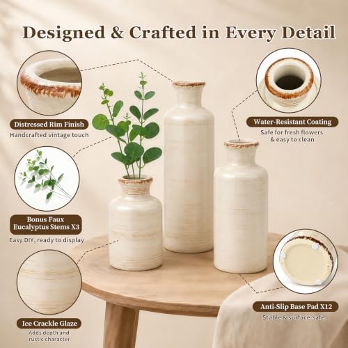 TBWIND Ceramic Vases Set of 3, White Modern Rustic Home Decor Flower Vases - Image 3