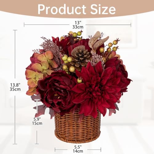 Hydrangea 13.8" Fall Flowers Arrangement in Baskets Pot Outdoor Indoor Fake Hydrangea Peonies Artificial Flowers in Woven Baskets Fall Decor Red Orange Faux Plants Porch Autumn Decorations for Home - Image 2