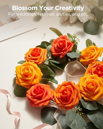 InnoGear Artificial Flowers, 100 Pcs Shades of Orange Rose Foam Fake Roses Bulk with Stems for Autumn Fall Decoration DIY Wedding Bouquets Centerpieces Bridal Shower Party Christmas Tree - Image 4