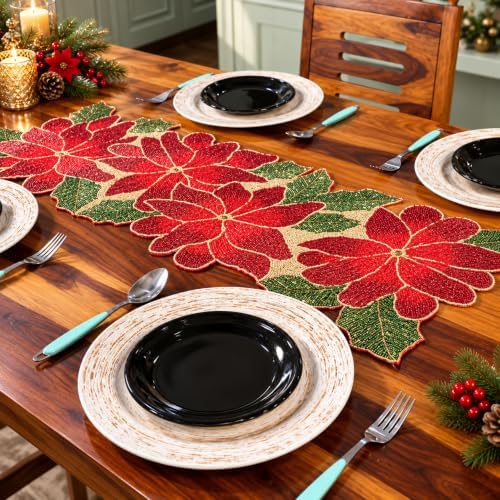 Beaded Table Runner 13x36 Inch Handmade Decorative Dining Table Runner, Red Green Gold Poinsettia Design, Luxury Glass Beaded Runner for Christmas, Holiday & Farmhouse Table Decor - Image 3